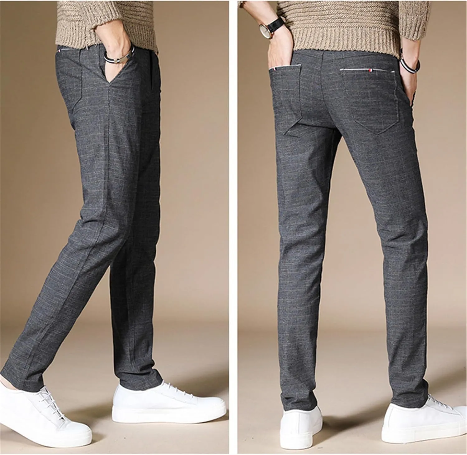 Men's Chinos Jeans Pant Slim Fit Stretch Skinny Dress Pants Casual Business Check Trousers