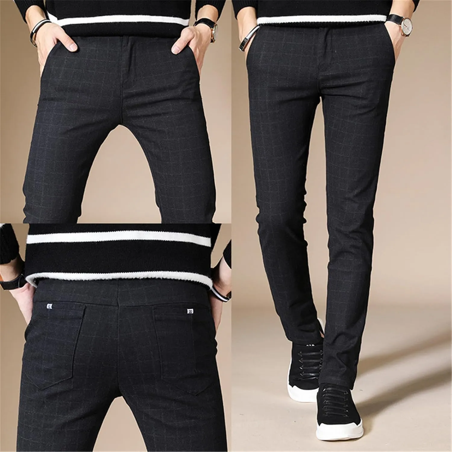 Men's Chinos Jeans Pant Slim Fit Stretch Skinny Dress Pants Casual Business Check Trousers