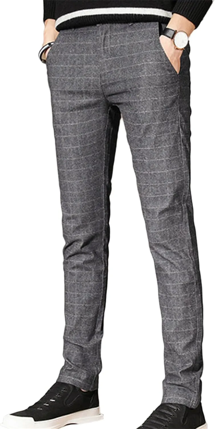 Men's Chinos Jeans Pant Slim Fit Stretch Skinny Dress Pants Casual Business Check Trousers