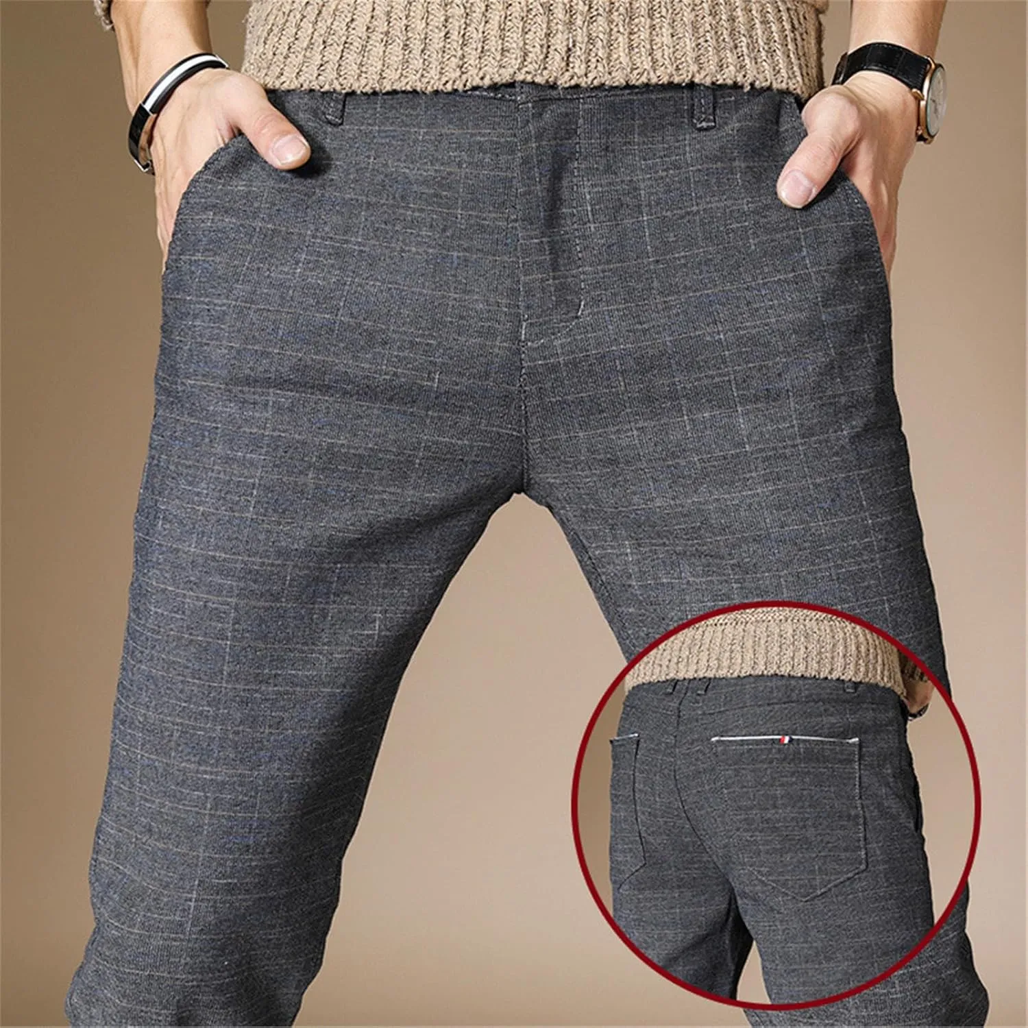 Men's Chinos Jeans Pant Slim Fit Stretch Skinny Dress Pants Casual Business Check Trousers