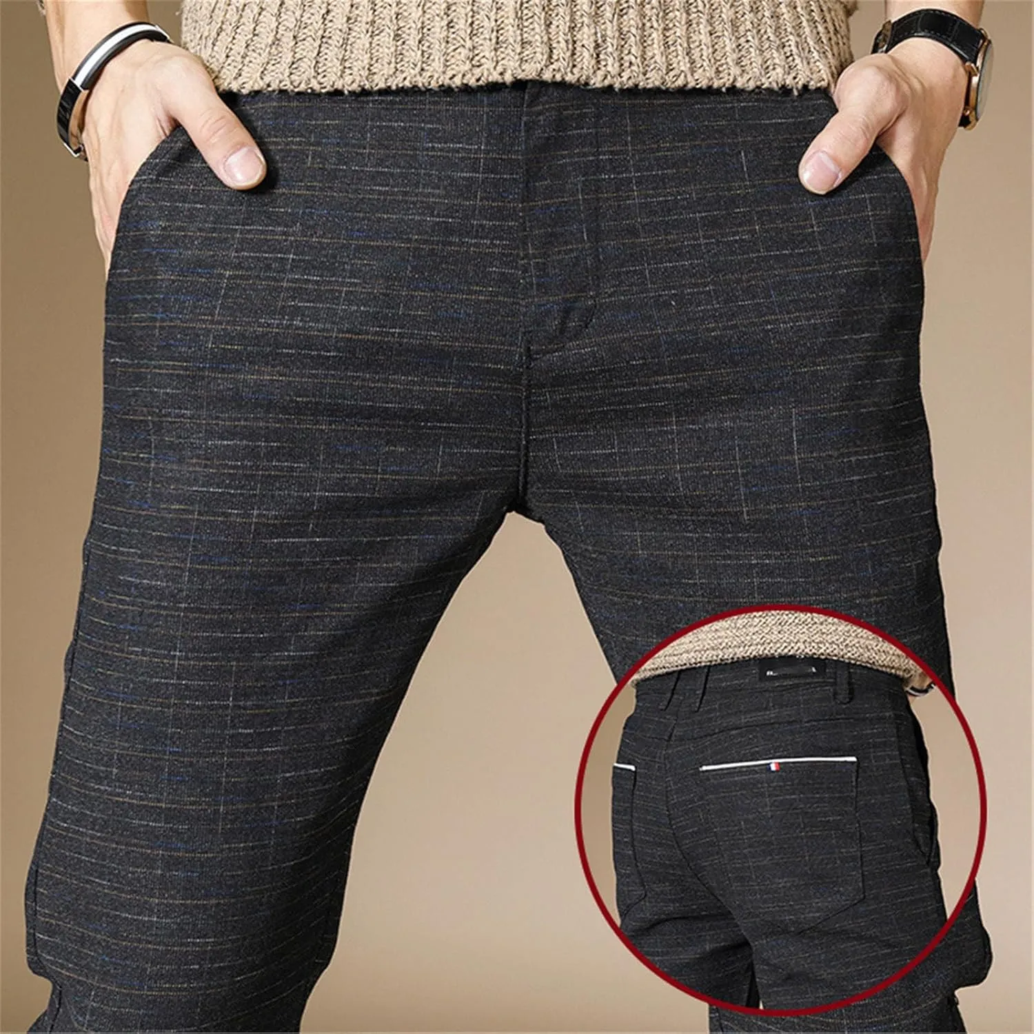 Men's Chinos Jeans Pant Slim Fit Stretch Skinny Dress Pants Casual Business Check Trousers