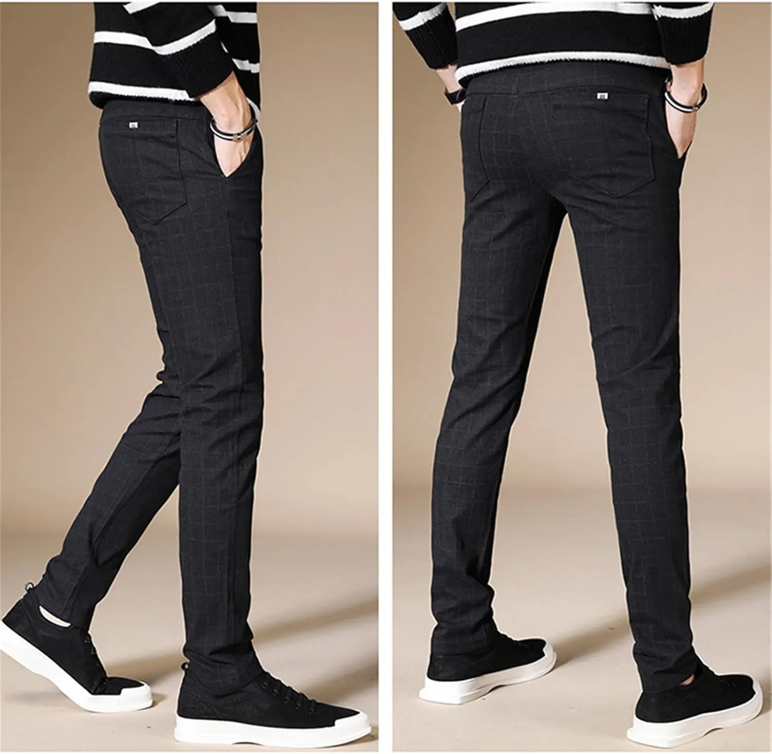 Men's Chinos Jeans Pant Slim Fit Stretch Skinny Dress Pants Casual Business Check Trousers