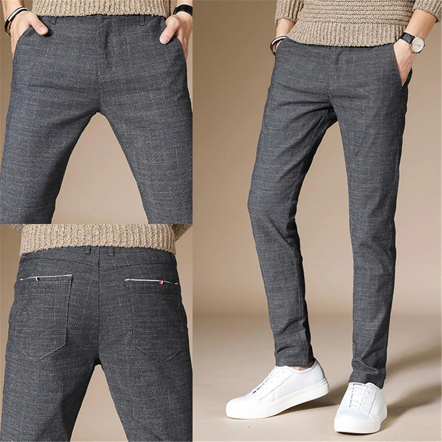 Men's Chinos Jeans Pant Slim Fit Stretch Skinny Dress Pants Casual Business Check Trousers