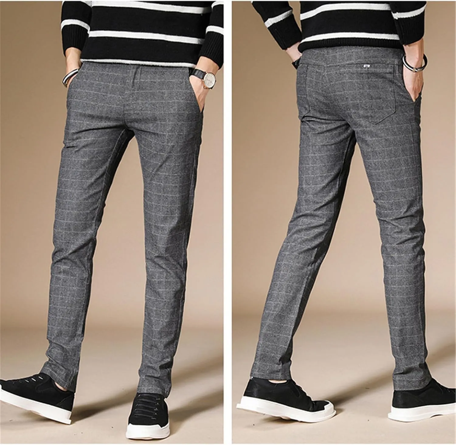 Men's Chinos Jeans Pant Slim Fit Stretch Skinny Dress Pants Casual Business Check Trousers