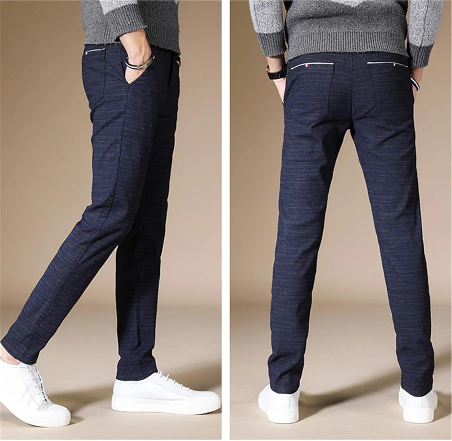 Men's Chinos Jeans Pant Slim Fit Stretch Skinny Dress Pants Casual Business Check Trousers