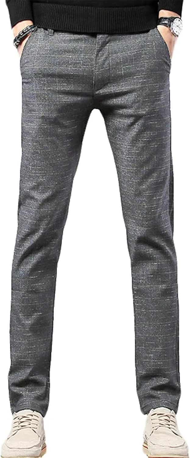 Men's Chinos Slim Fit Pants Flat Front Stretch Skinny Tapered Dress Pants Comfort Casual Plaid Trousers