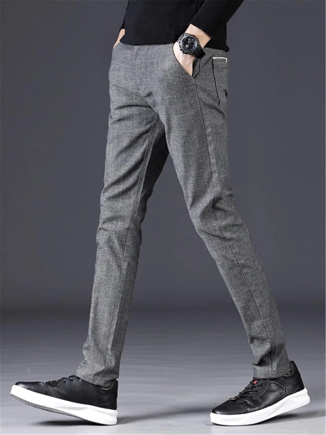 Men's Chinos Slim Fit Pants Flat Front Stretch Skinny Tapered Dress Pants Comfort Casual Plaid Trousers