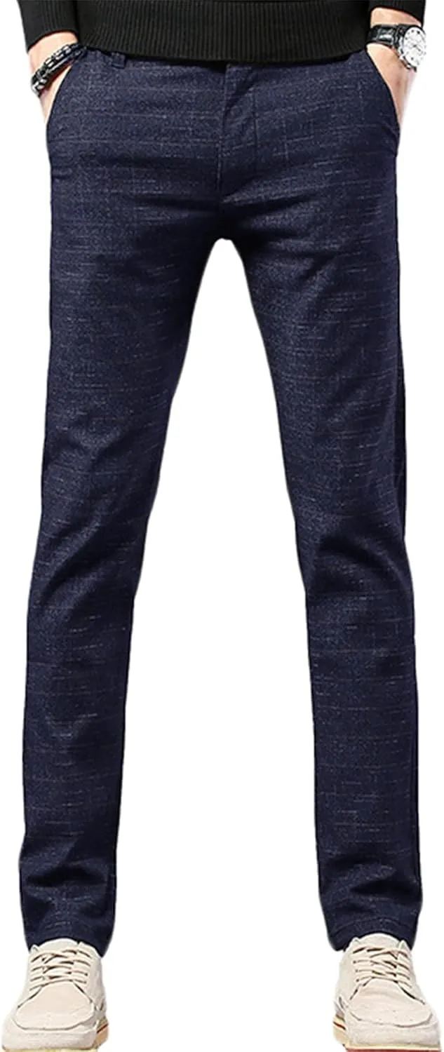 Men's Chinos Slim Fit Pants Flat Front Stretch Skinny Tapered Dress Pants Comfort Casual Plaid Trousers