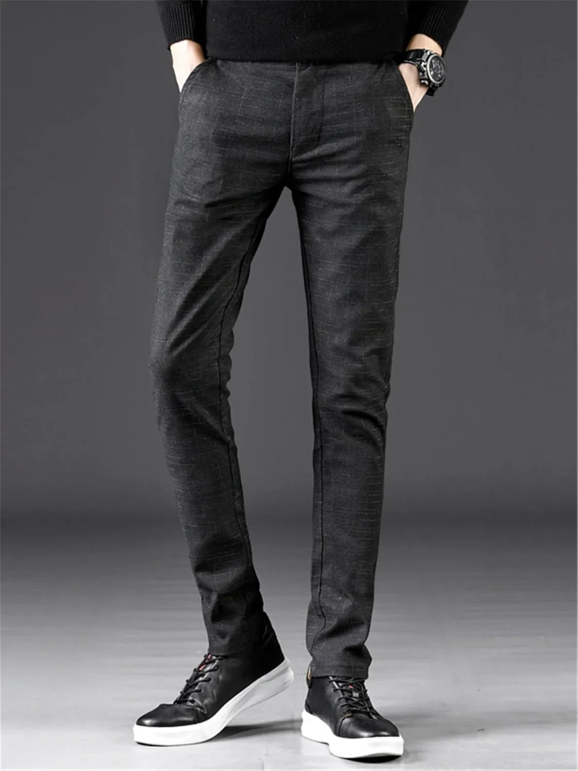 Men's Chinos Slim Fit Pants Flat Front Stretch Skinny Tapered Dress Pants Comfort Casual Plaid Trousers