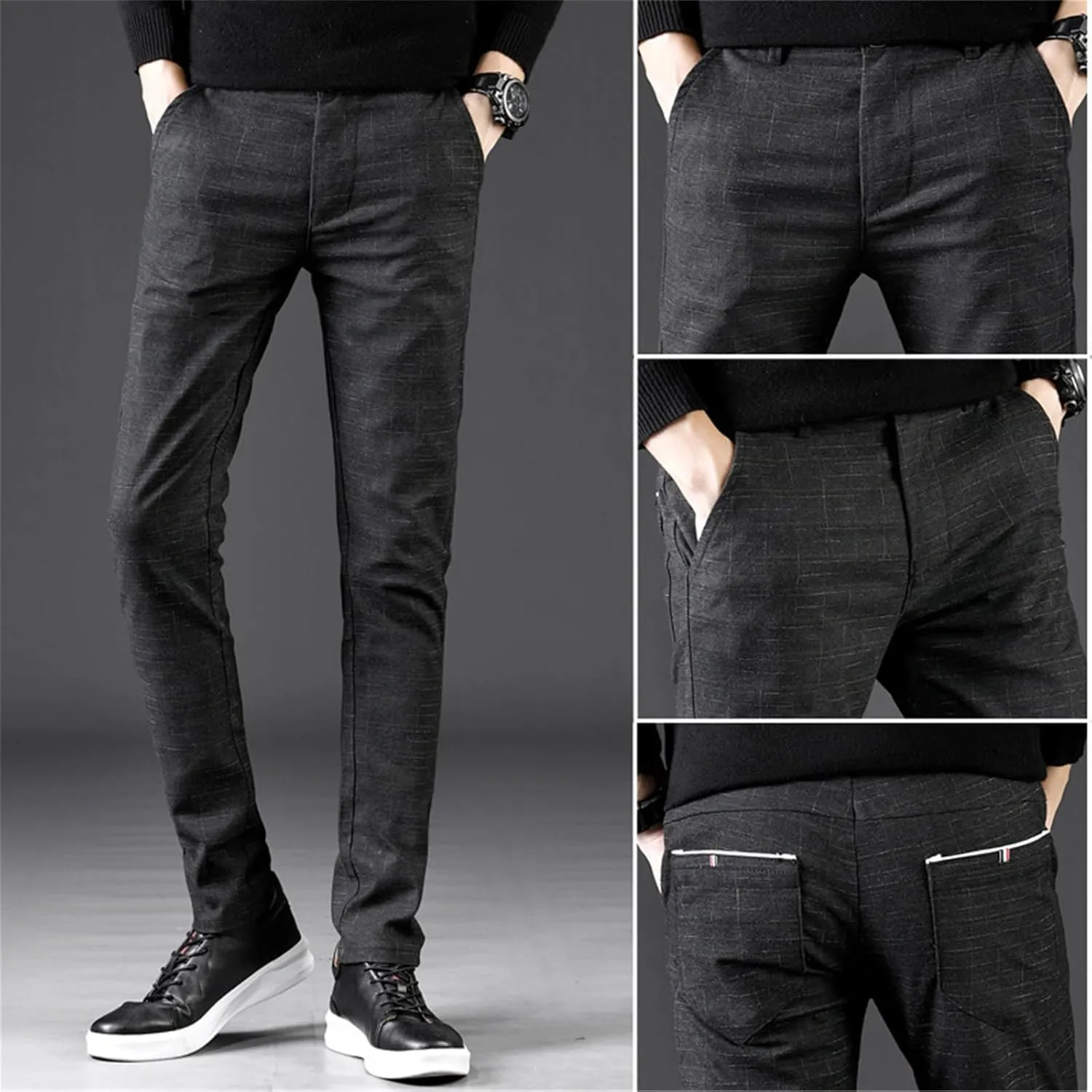 Men's Chinos Slim Fit Pants Flat Front Stretch Skinny Tapered Dress Pants Comfort Casual Plaid Trousers