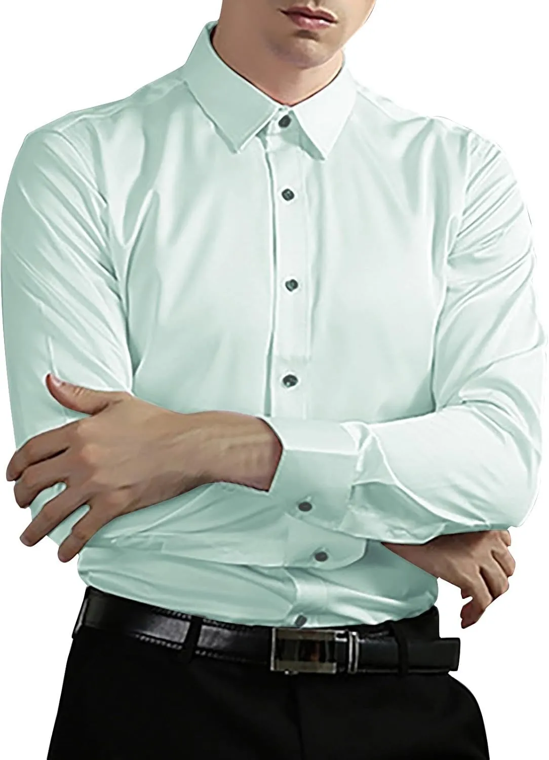 Men's Classic Business Dress Shirt Long Sleeve Solid Spread Collar Wrinkle Resistant Formal Attire Slim Fit Office Work Top