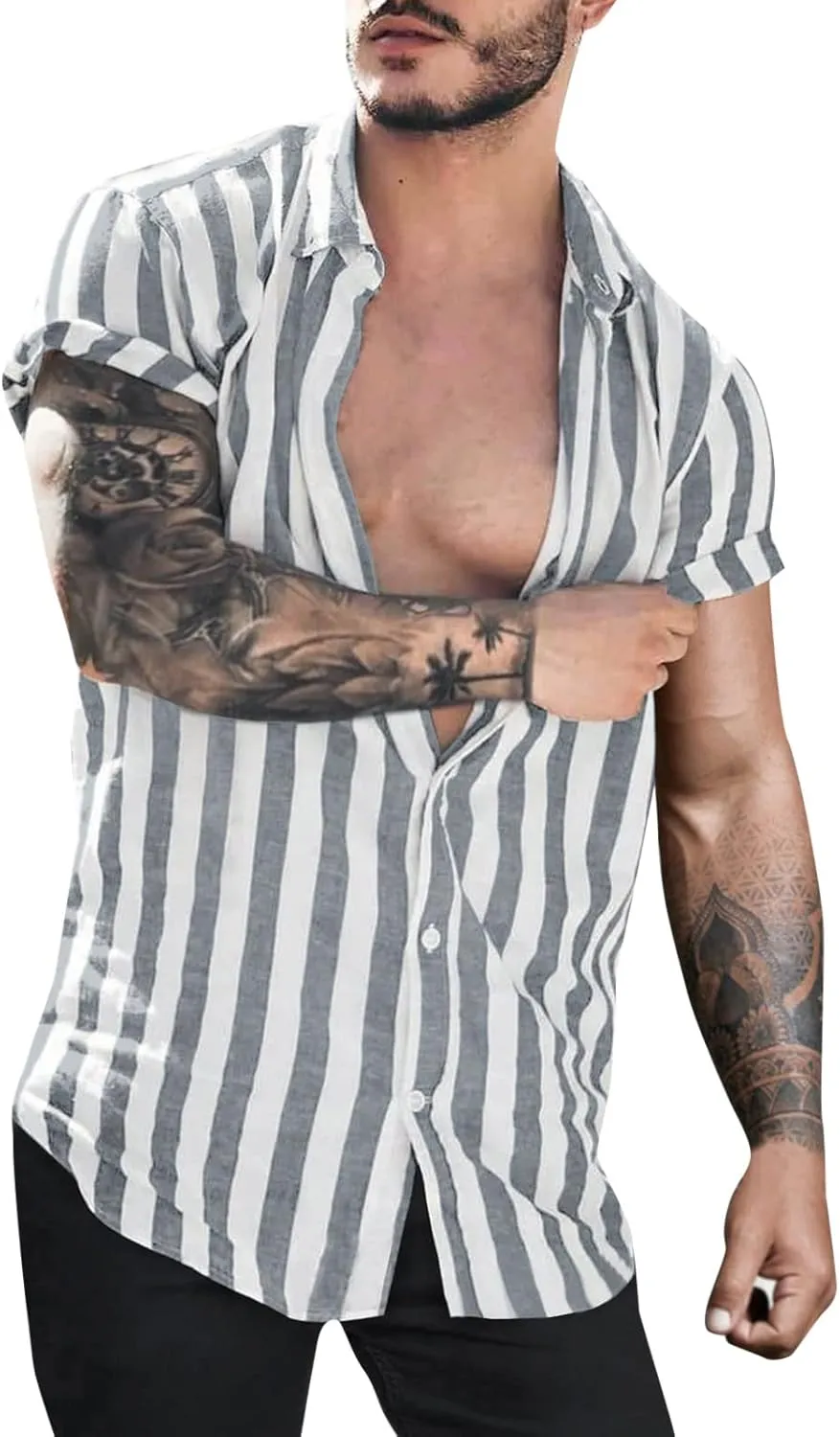 Men's Classic Striped Beach Shirts Cotton Linen Casual Button Down Short Seeve Tops Trendy 2022 Loose Holiday T-Shirts