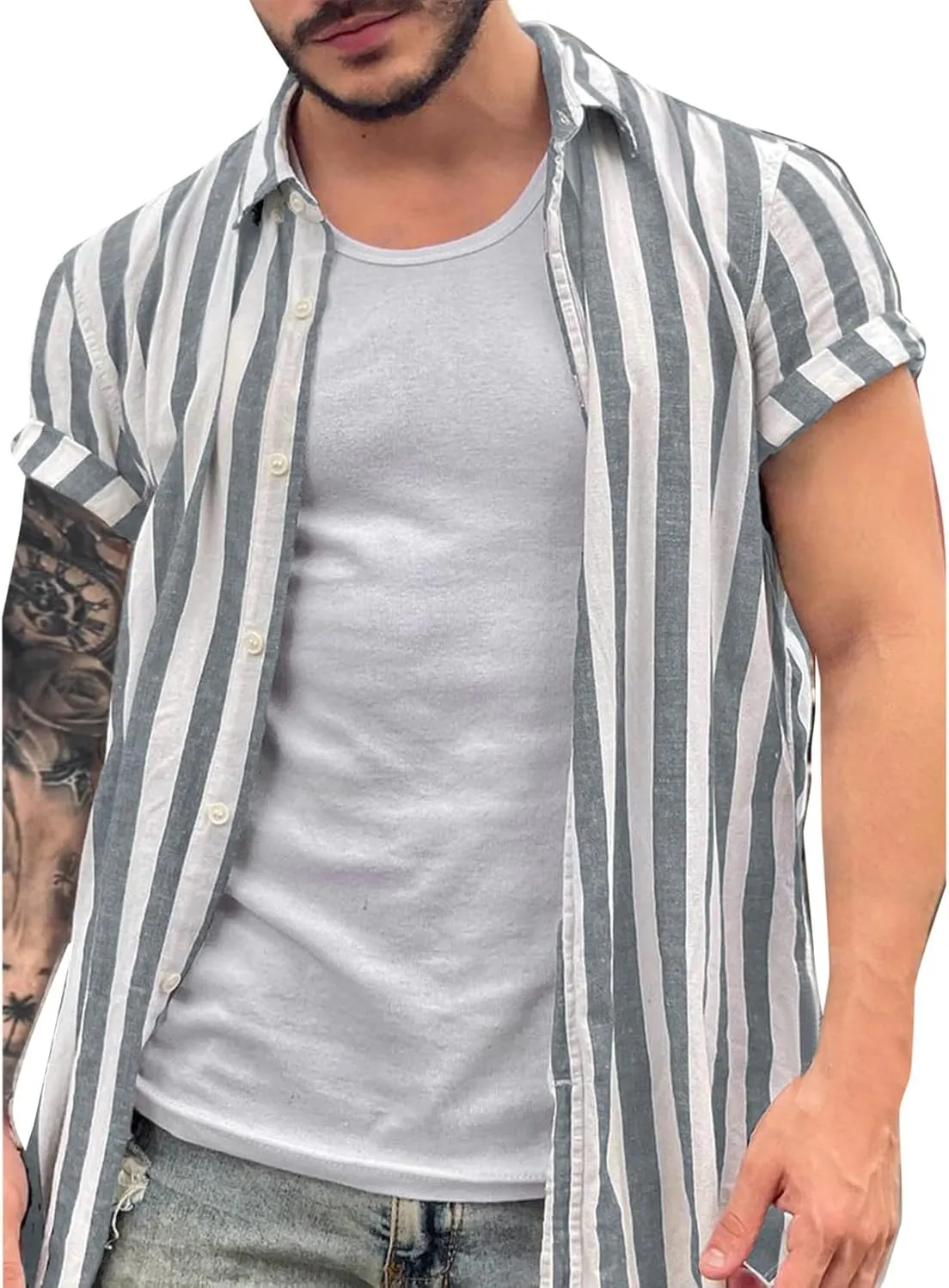 Men's Classic Striped Beach Shirts Cotton Linen Casual Button Down Short Seeve Tops Trendy 2022 Loose Holiday T-Shirts