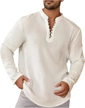 Men's Cotton Linen Casual Henley Shirts Long Sleeve Beach T Shirts Button Down Long Sleeve Solid Color Basic Pullover