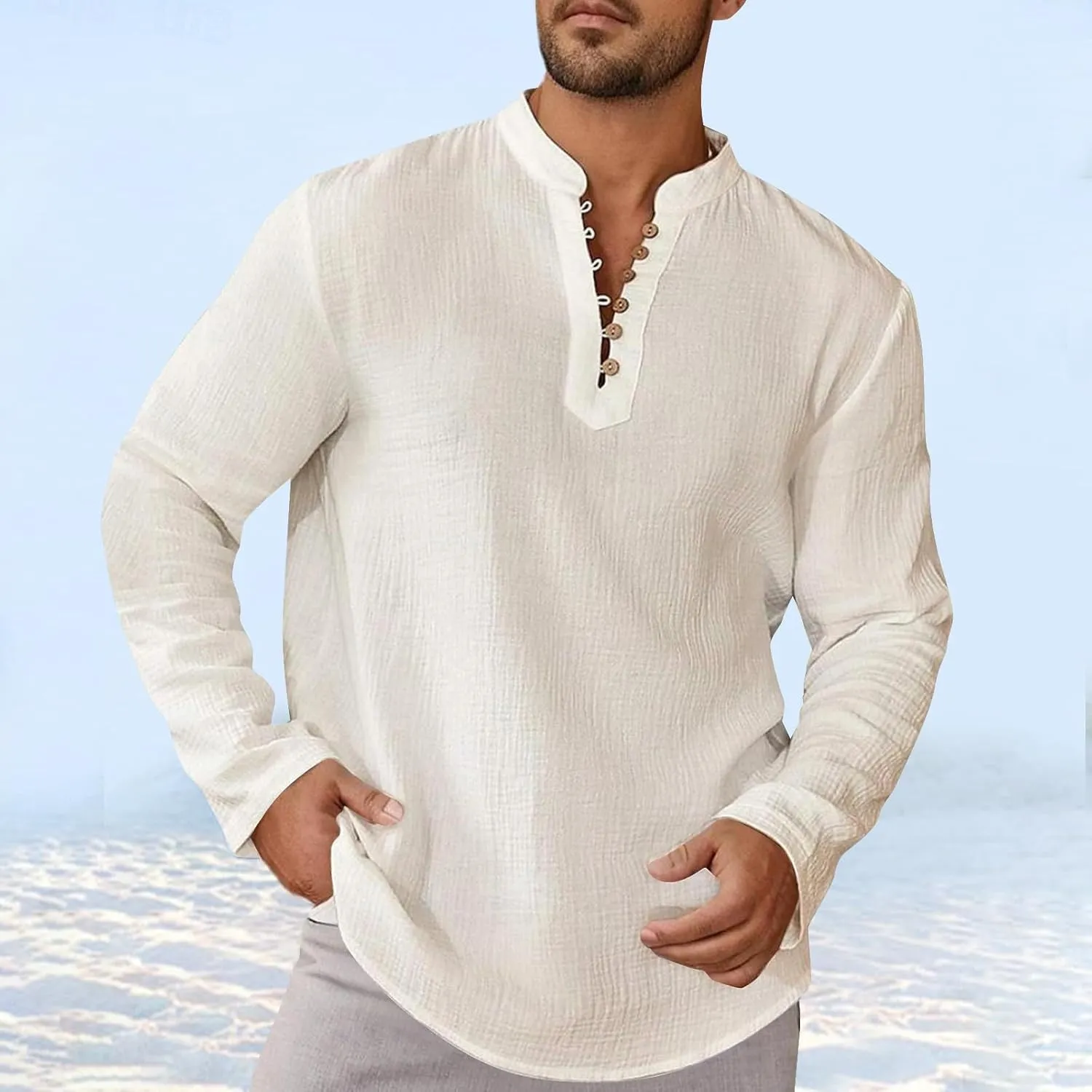 Men's Cotton Linen Casual Henley Shirts Long Sleeve Beach T Shirts Button Down Long Sleeve Solid Color Basic Pullover