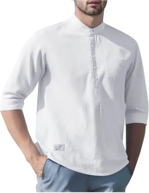 Mens Cotton Linen Henley Shirts 3/4 Sleeve Casual Summer Beach Hippie T-Shirt Collarless Vacation Tops with Pocket