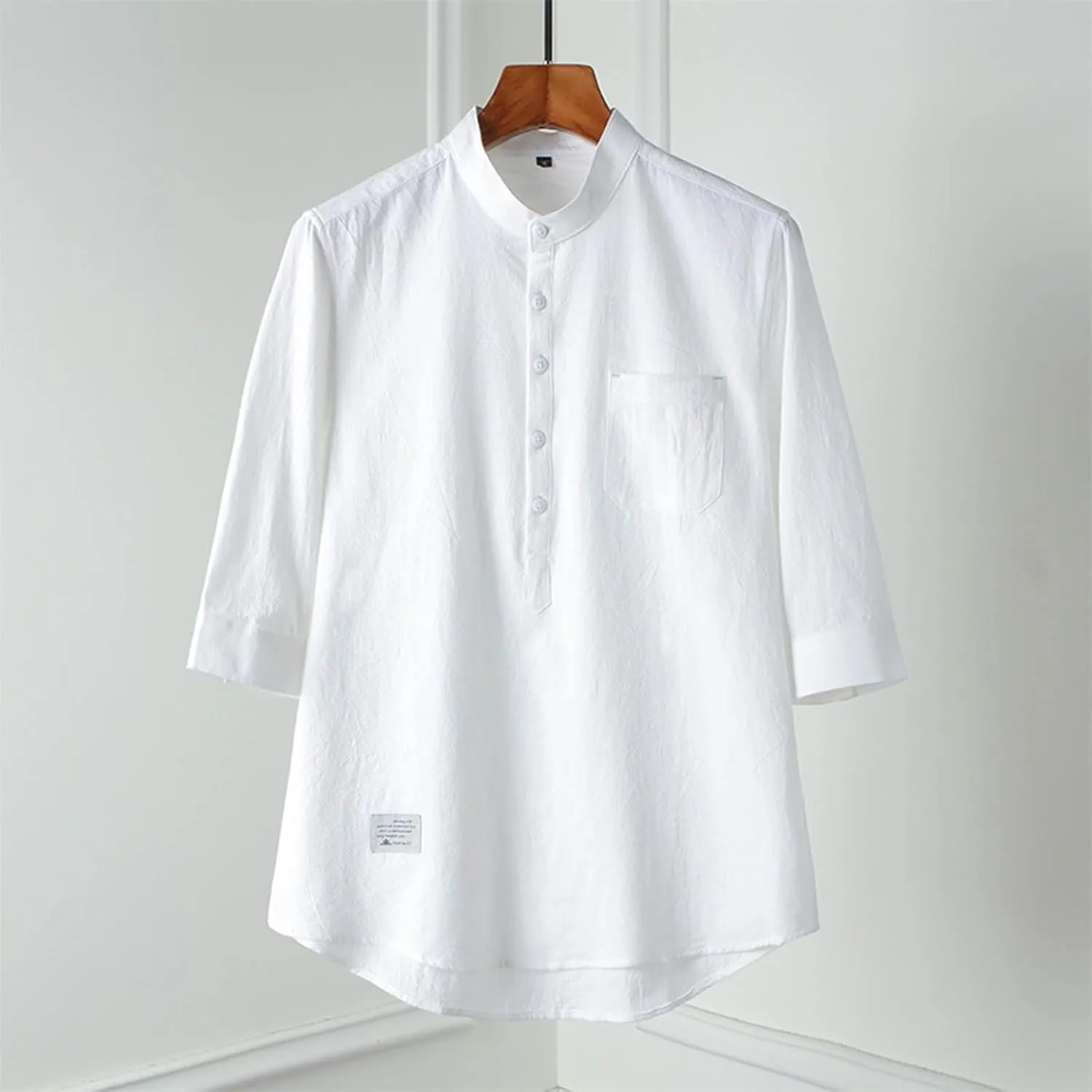 Mens Cotton Linen Henley Shirts 3/4 Sleeve Casual Summer Beach Hippie T-Shirt Collarless Vacation Tops with Pocket