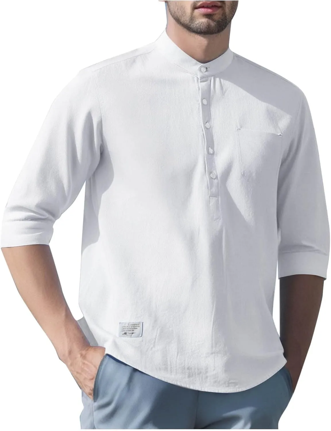 Mens Cotton Linen Henley Shirts 3/4 Sleeve Casual Summer Beach Hippie T-Shirt Collarless Vacation Tops with Pocket