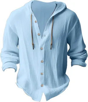 Mens Cotton Linen Henley Shirts with Hood Casual V Neck Drawstring Long Sleeve Hooded Sweatshirt Summer Button Shirt