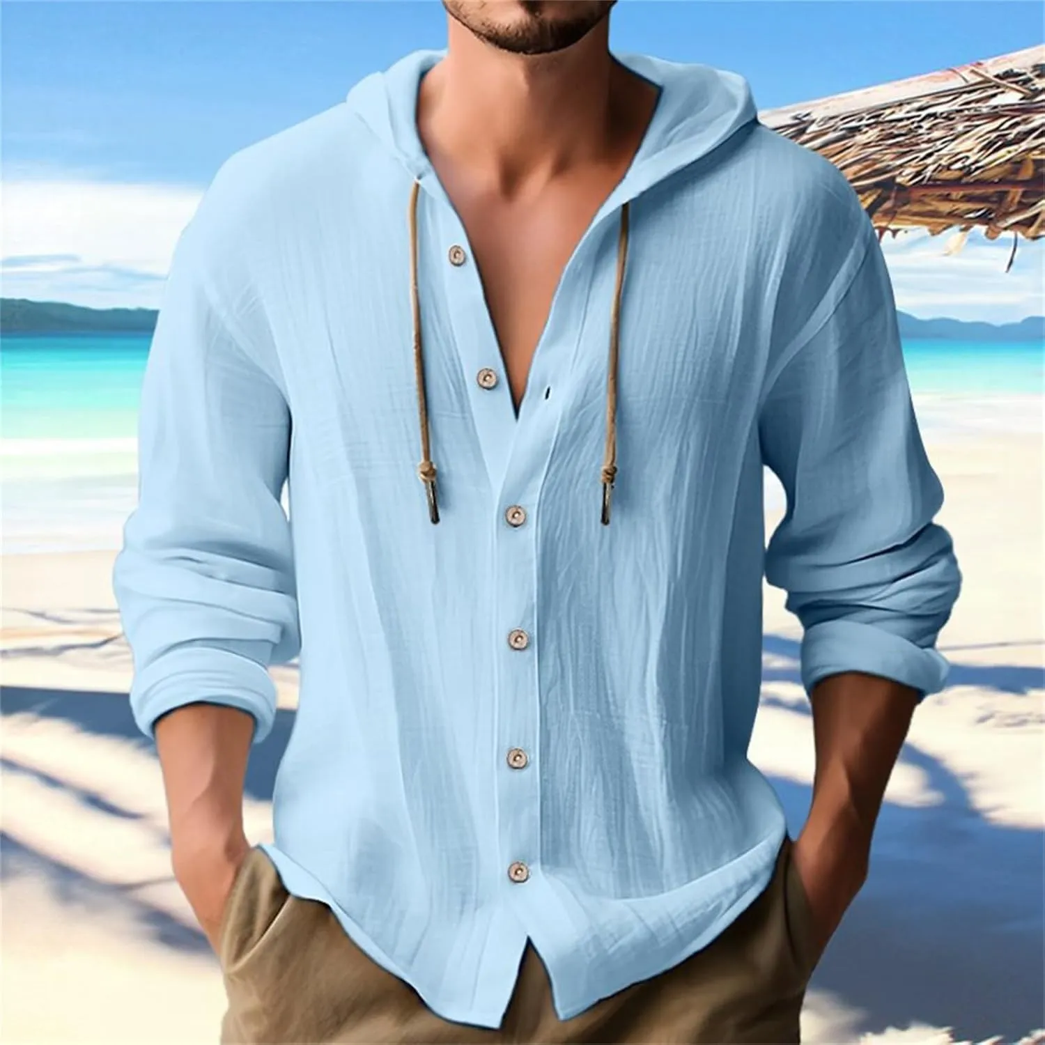 Mens Cotton Linen Henley Shirts with Hood Casual V Neck Drawstring Long Sleeve Hooded Sweatshirt Summer Button Shirt