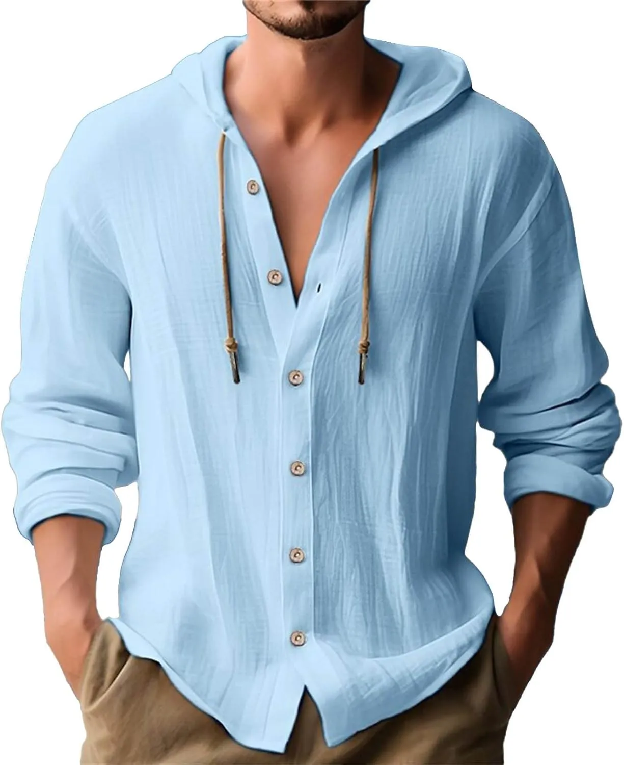 Mens Cotton Linen Henley Shirts with Hood Casual V Neck Drawstring Long Sleeve Hooded Sweatshirt Summer Button Shirt