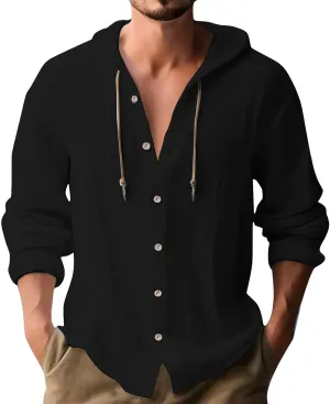 Mens Cotton Linen Henley Shirts with Hood Casual V Neck Drawstring Long Sleeve Hooded Sweatshirt Summer Button Tops