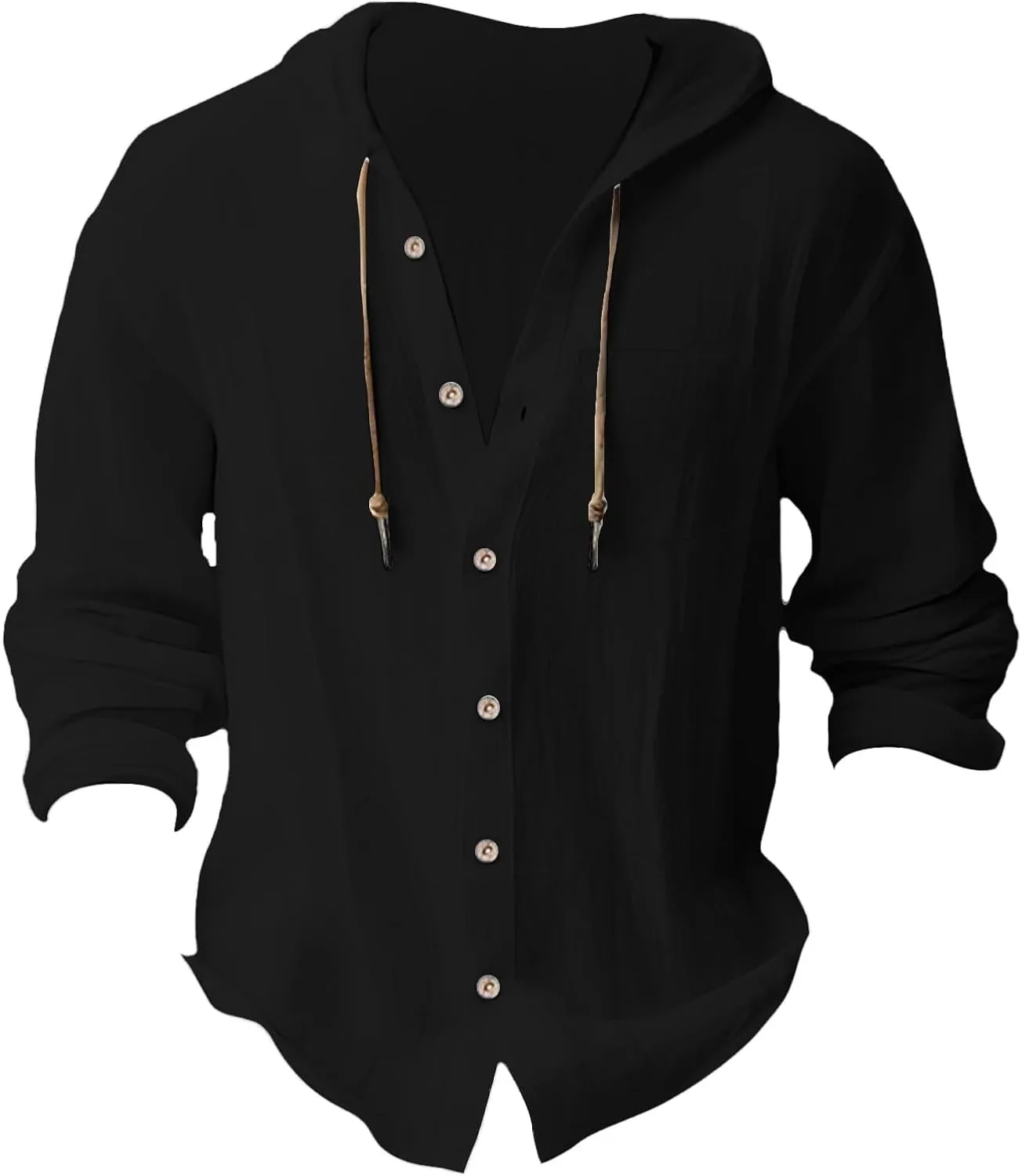 Mens Cotton Linen Henley Shirts with Hood Casual V Neck Drawstring Long Sleeve Hooded Sweatshirt Summer Button Tops