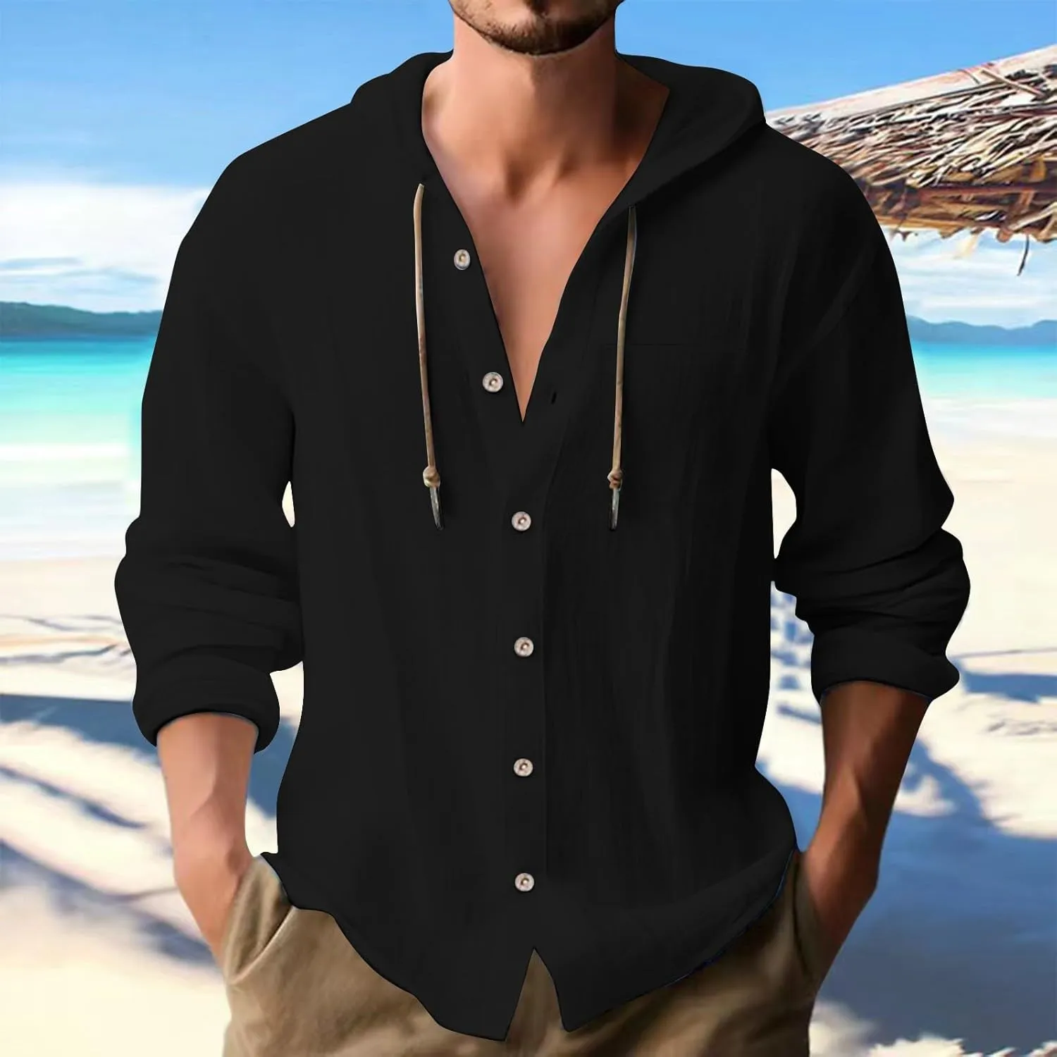 Mens Cotton Linen Henley Shirts with Hood Casual V Neck Drawstring Long Sleeve Hooded Sweatshirt Summer Button Tops