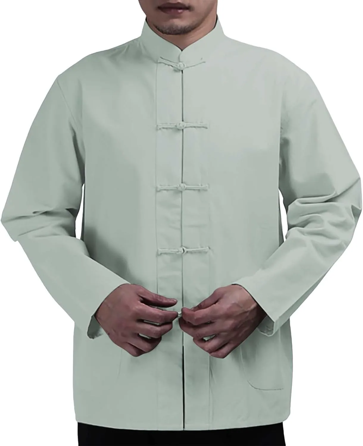 Men's Cotton Linen Kung Fu Shirts Long Sleeve Mandarin Collar Frog-Button Tang Suit Chinese Traditional Tops for Men