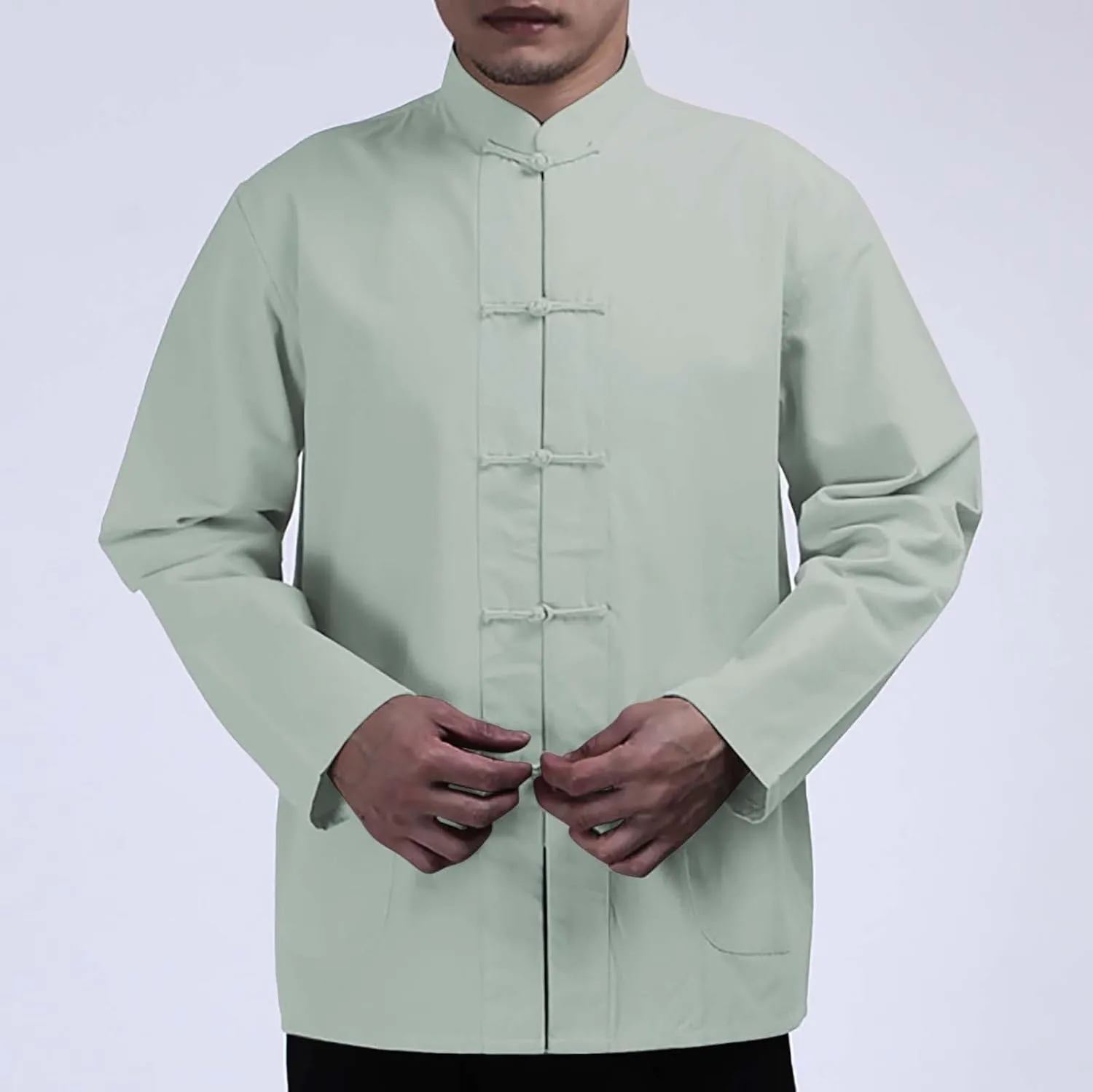 Men's Cotton Linen Kung Fu Shirts Long Sleeve Mandarin Collar Frog-Button Tang Suit Chinese Traditional Tops for Men
