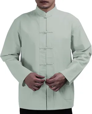 Men's Cotton Linen Kung Fu Shirts Long Sleeve Mandarin Collar Frog-Button Tang Suit Chinese Traditional Tops for Men