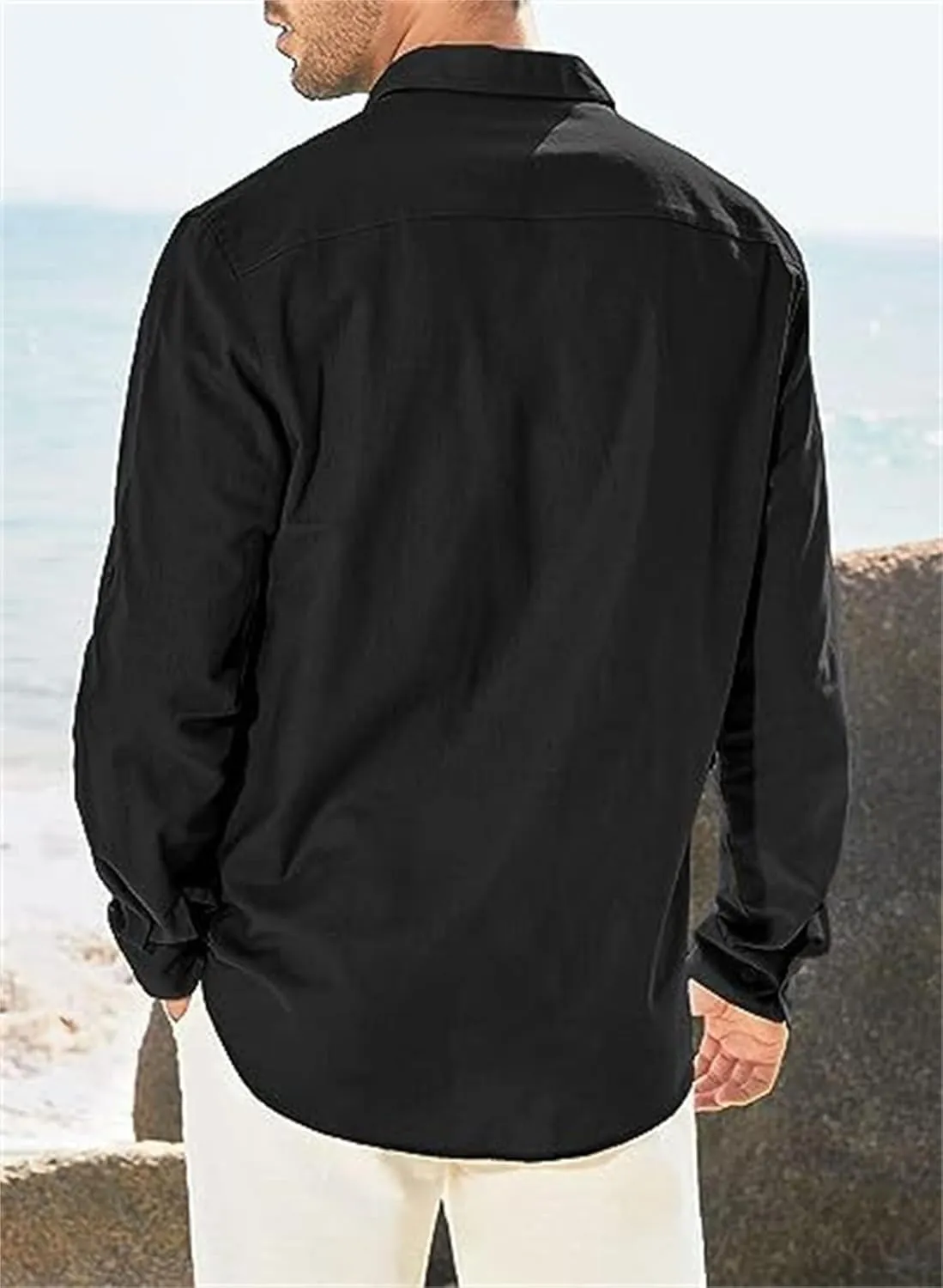 Men's Cotton Linen Shirt Casual Long Sleeve Button Down Dress Shirts Summer Beach Top Slim-Fit Two-Pocket Utility Shirt