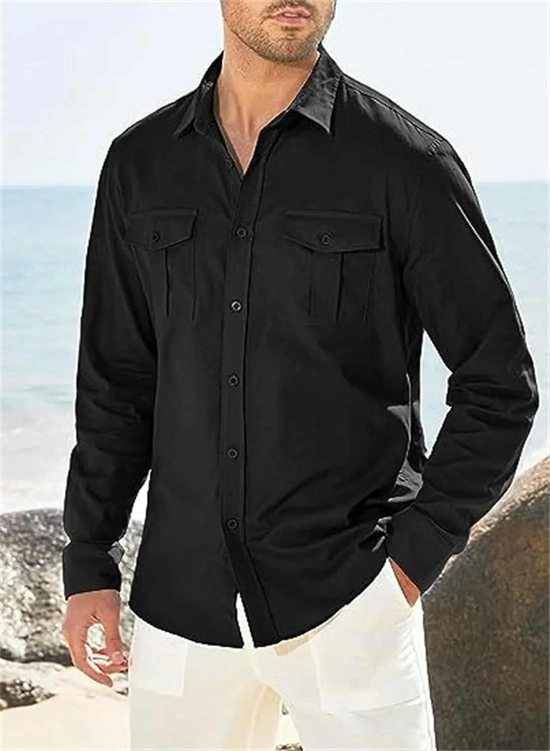 Men's Cotton Linen Shirt Casual Long Sleeve Button Down Dress Shirts Summer Beach Top Slim-Fit Two-Pocket Utility Shirt