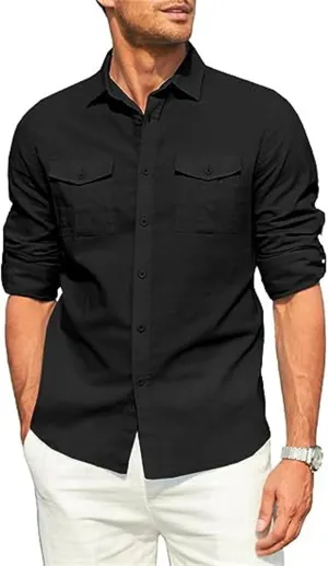 Men's Cotton Linen Shirt Casual Long Sleeve Button Down Dress Shirts Summer Beach Top Slim-Fit Two-Pocket Utility Shirt