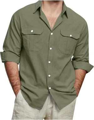 Mens Cotton Linen Shirts Casual Long Sleeve Button Down Shirt Beach Vacation Lightweight Breathable Blouses
