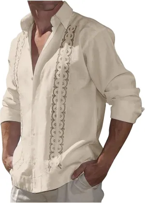 Men's Cuban Guayabera Shirts - Casual Long Sleeve Cotton Linen Button Down Shirt Summer Regular Fit Beach Tops