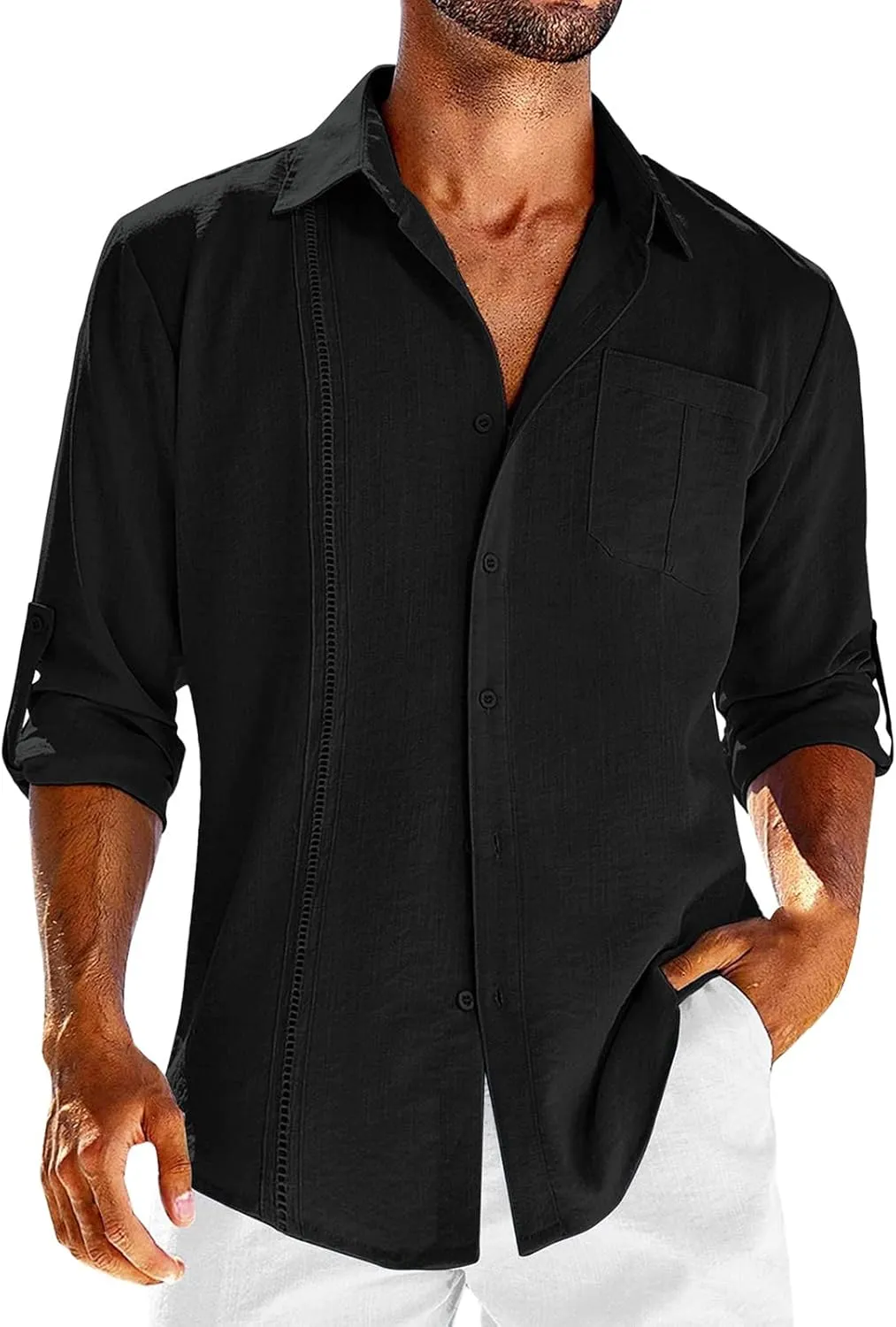 Mens Cuban Guayabera Shirts Tab Collared Long Sleeve Linen Button Down Shirts Solid Color Work T Shirts Beach Tops
