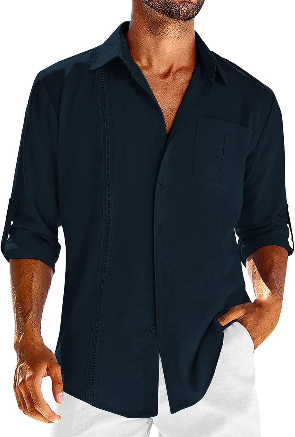 Mens Cuban Guayabera Shirts Tab Collared Long Sleeve Linen Button Down Shirts Solid Color Work T Shirts Beach Tops