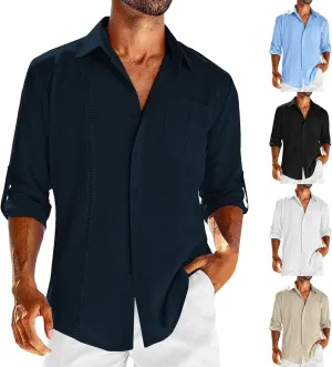 Mens Cuban Guayabera Shirts Tab Collared Long Sleeve Linen Button Down Shirts Solid Color Work T Shirts Beach Tops