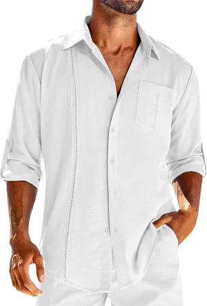 Mens Cuban Guayabera Shirts Tab Collared Long Sleeve Linen Button Down Shirts Solid Color Work T Shirts Beach Tops