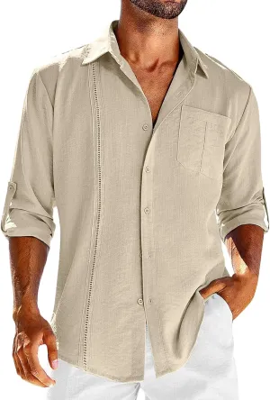 Mens Cuban Guayabera Shirts Tab Collared Long Sleeve Linen Button Down Shirts Solid Color Work T Shirts Beach Tops