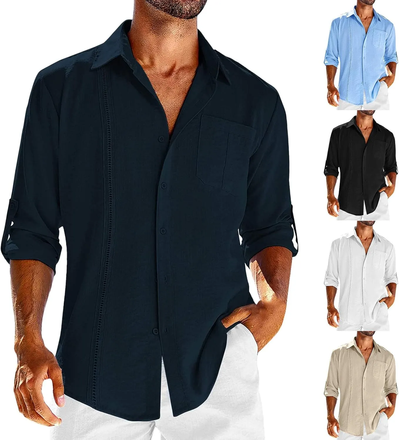 Mens Cuban Guayabera Shirts Tab Collared Long Sleeve Linen Button Down Shirts Solid Color Work T Shirts Beach Tops