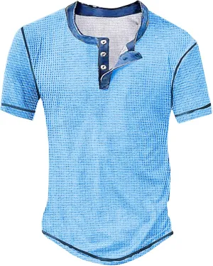 Mens Distressed Henley Shirts Short Sleeve Button Down V Neck T-Shirts Classic Golf Shirt Summer Slim Fit Casual Tops