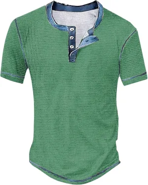 Mens Distressed Henley Shirts Short Sleeve Button Down V Neck T-Shirts Classic Golf Shirt Summer Slim Fit Casual Tops