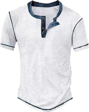Mens Distressed Henley Shirts Short Sleeve Button Down V Neck T-Shirts Classic Golf Shirt Summer Slim Fit Casual Tops