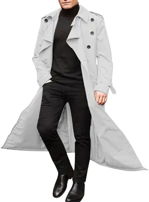 Mens Double Breasted Long Trench Coat Notched Lapel Long Pea Coat Lightweight Oversized Casual Windbreaker Coatigans