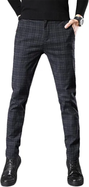 Men's Dress Plaid Pants Chino Casual Slim Fit Skinny Stretch Pants Business Dress Pants