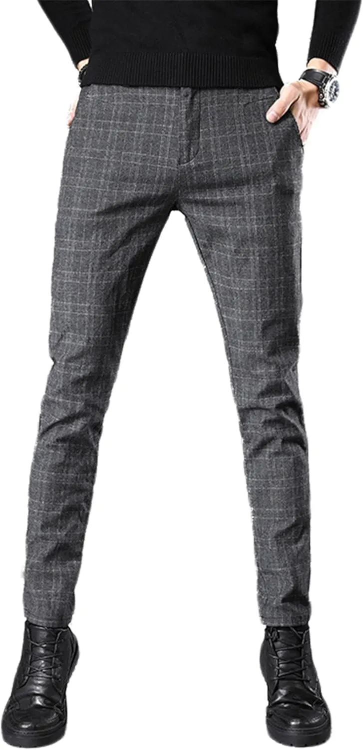 Men's Dress Plaid Pants Chino Casual Slim Fit Skinny Stretch Pants Business Dress Pants