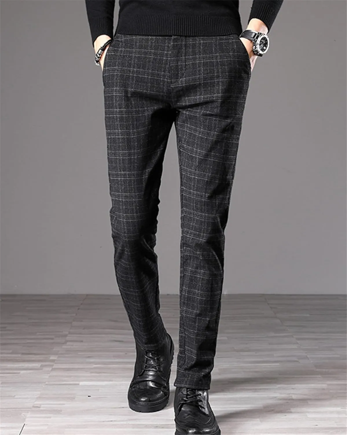 Men's Dress Plaid Pants Chino Casual Slim Fit Skinny Stretch Pants Business Dress Pants