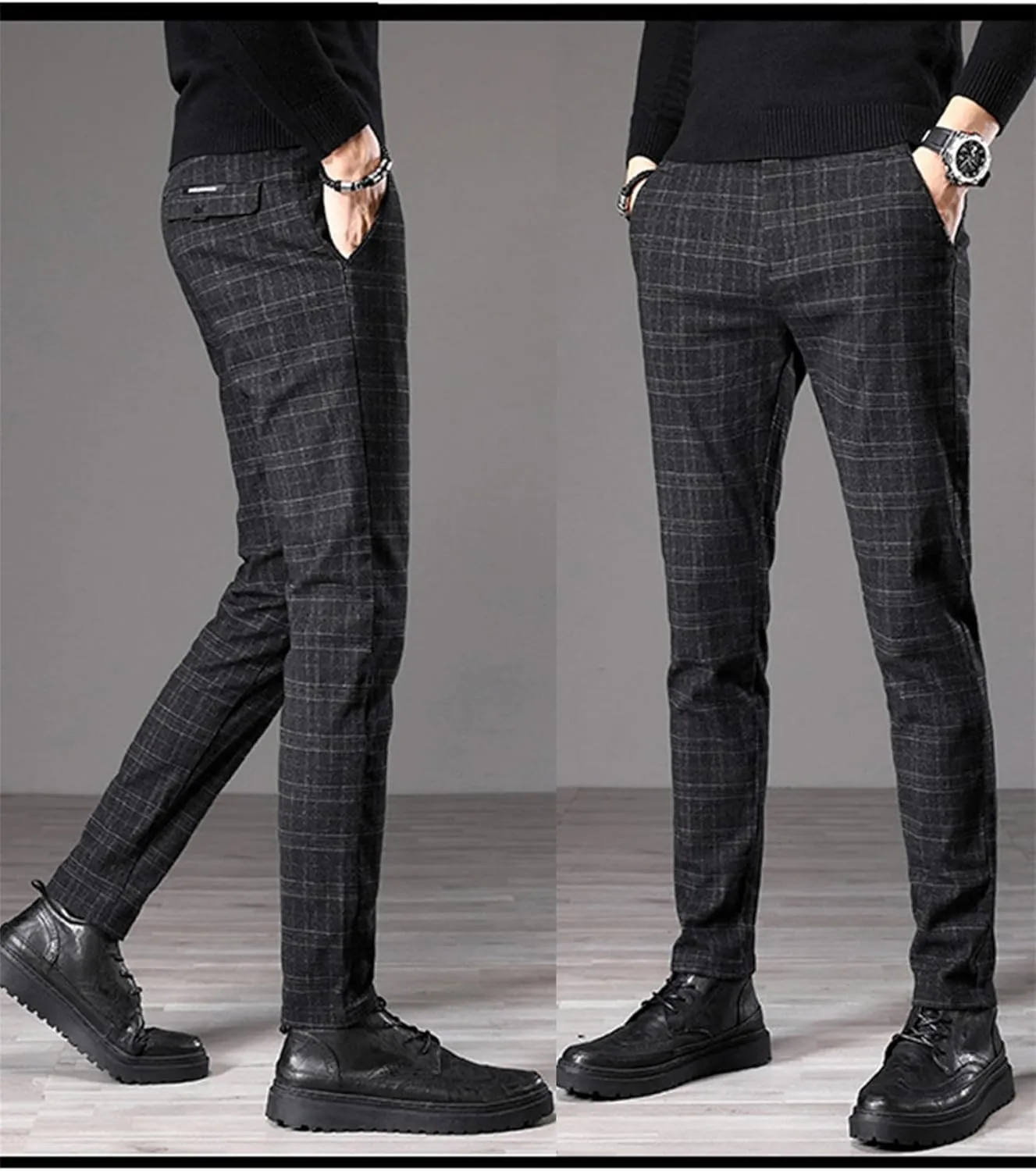 Men's Dress Plaid Pants Chino Casual Slim Fit Skinny Stretch Pants Business Dress Pants